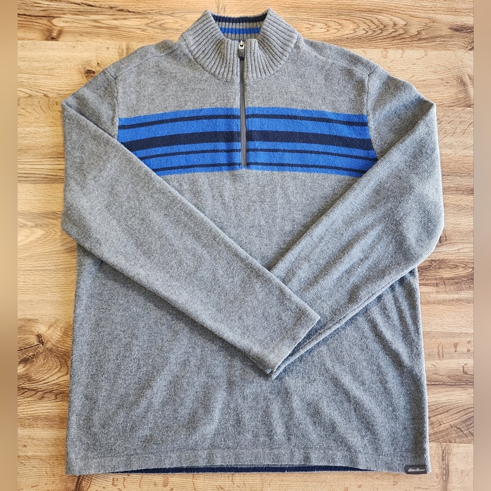 Eddie Bauer Mens Sweater Tall Large Quarter Zip Wool Gray Blue Stripe‎ 1/4 Zip